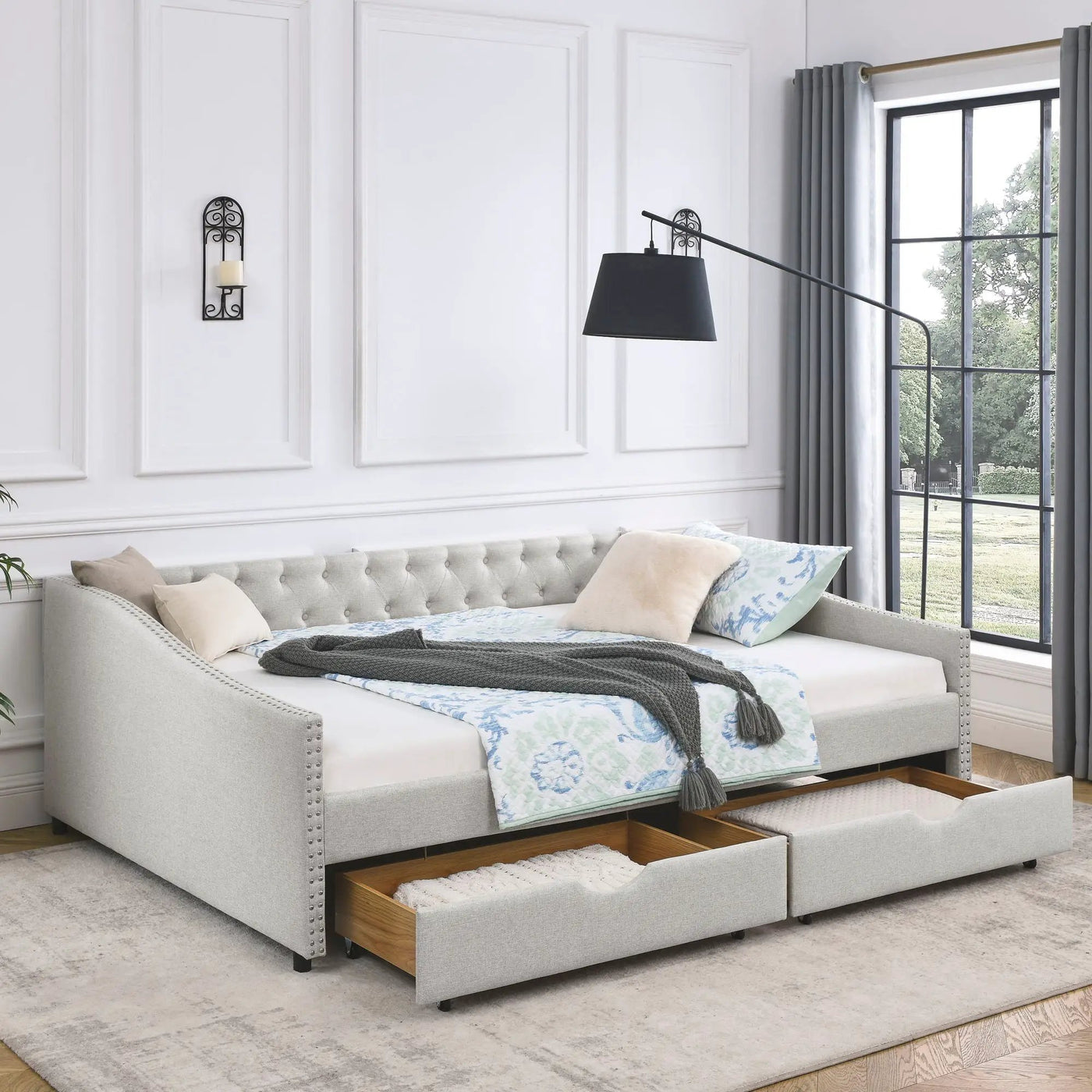 Upholstered Tufted Daybed With Drawers, Waved Arms by HouseOfZazla