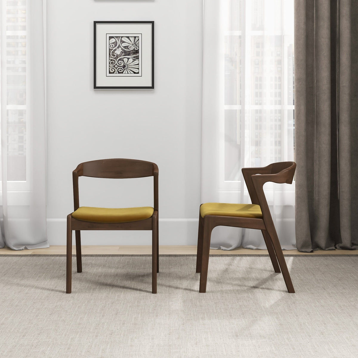 Mid-Century Modern Dining Chair Set of 2 with Solid Wood Frame - Black, Yellow, Beige, photo 10 of 12