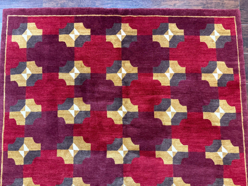 Modern Tibetan Rug 5 x 6.8, Wool, Red, Allover Pattern, Nepali Rug, Abstract Rug, Handmade Area Rug by Jewel Rugs