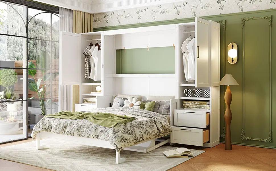 Queen Size Murphy Bed Wall Bed with Closet, Drawers and Shelves, White by HouseOfZazla