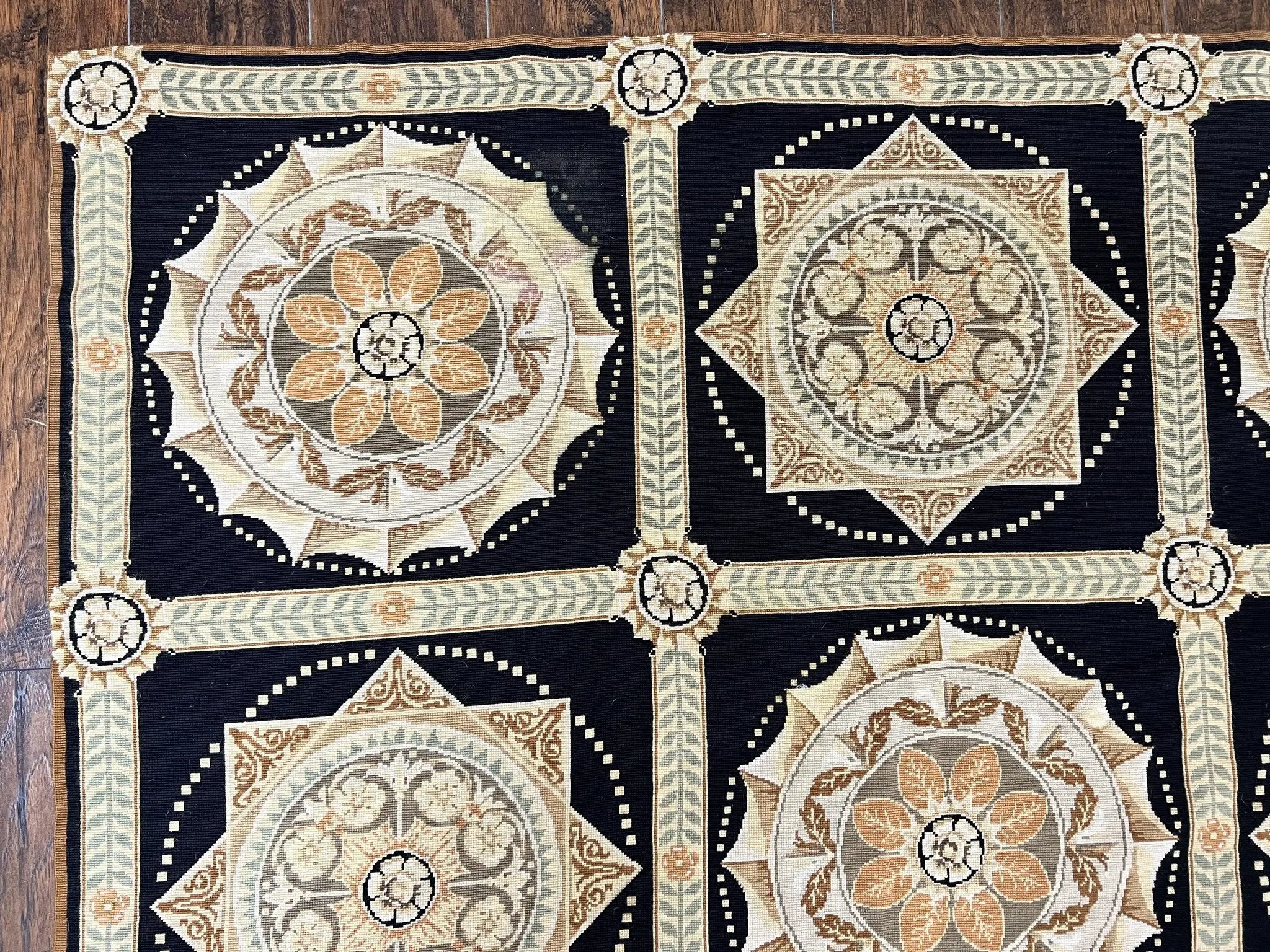 Needlepoint Rug 8x10, Black Tan Beige, Panel Design, Wool Handwoven Handmade Flatweave Needlepoint Carpet, Vintage French European Rug by Jewel Rugs