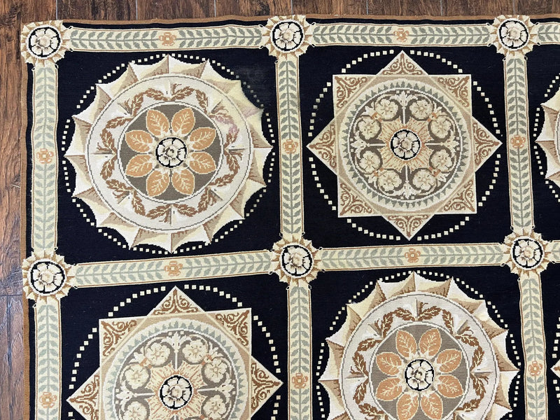 Needlepoint Rug 8x10, Black Tan Beige, Panel Design, Wool Handwoven Handmade Flatweave Needlepoint Carpet, Vintage French European Rug by Jewel Rugs