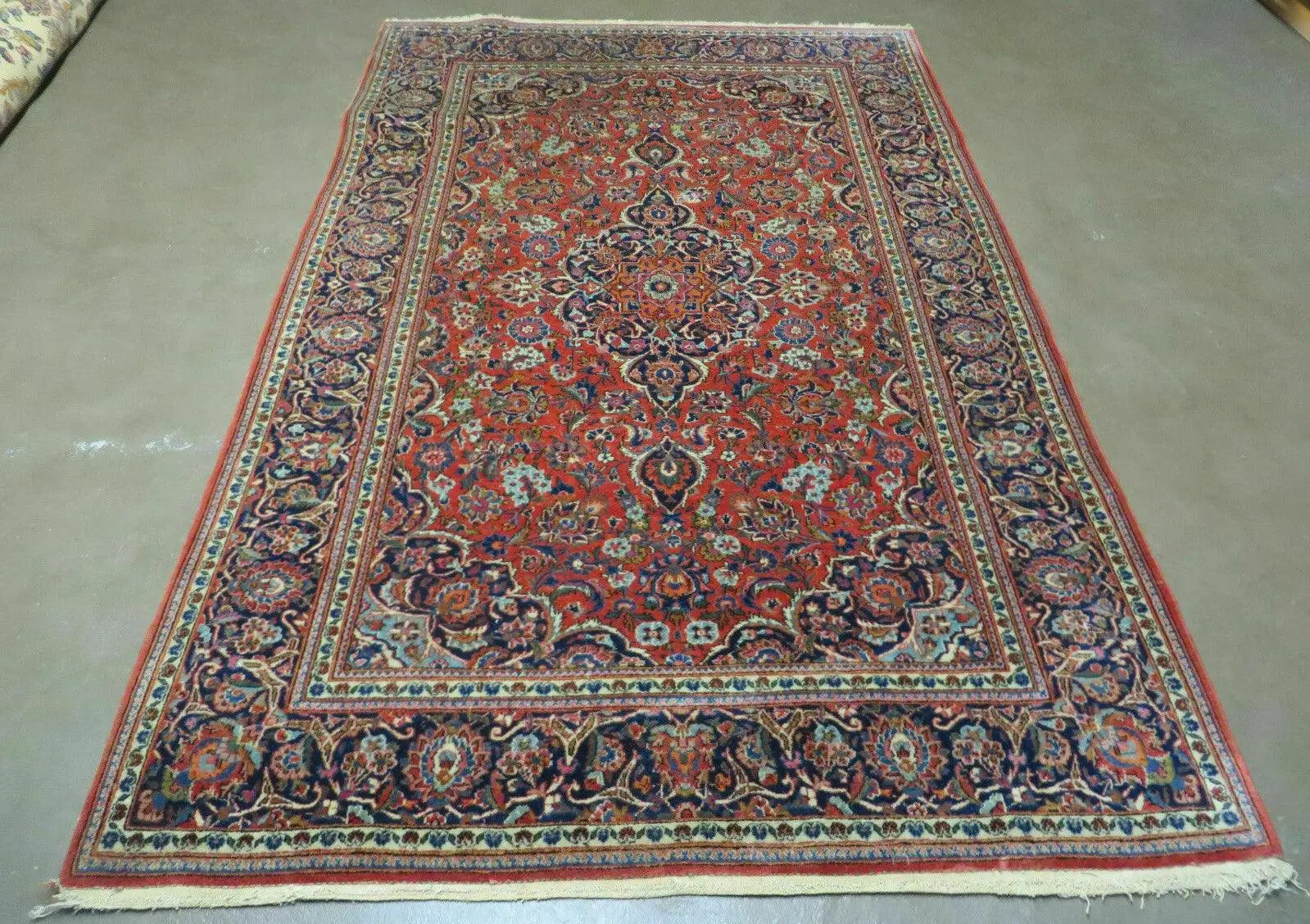 Persian Kashan Rug 4x7, Red and Navy Blue Semi Antique Vintage Wool Oriental Carpet, Hand Knotted Rug, Floral Medallion, High Quality Fine Carpet by Jewel Rugs