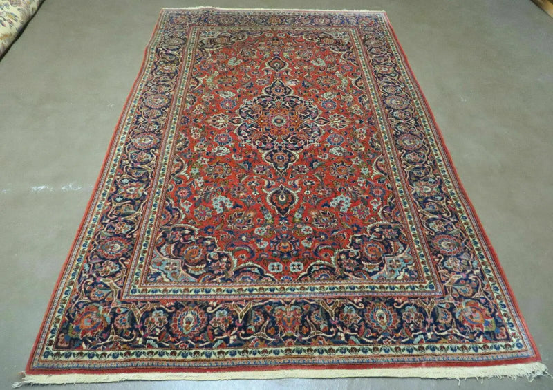 Persian Kashan Rug 4x7, Red and Navy Blue Semi Antique Vintage Wool Oriental Carpet, Hand Knotted Rug, Floral Medallion, High Quality Fine Carpet by Jewel Rugs
