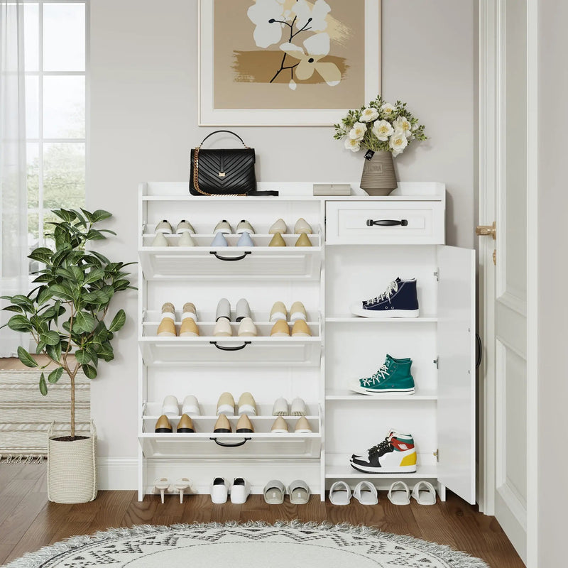 Shoe Cabinet With 4 Doors 1 Drawers, PVC Door With Shape, Large Space For Storage - White by Unique Piece Furniture