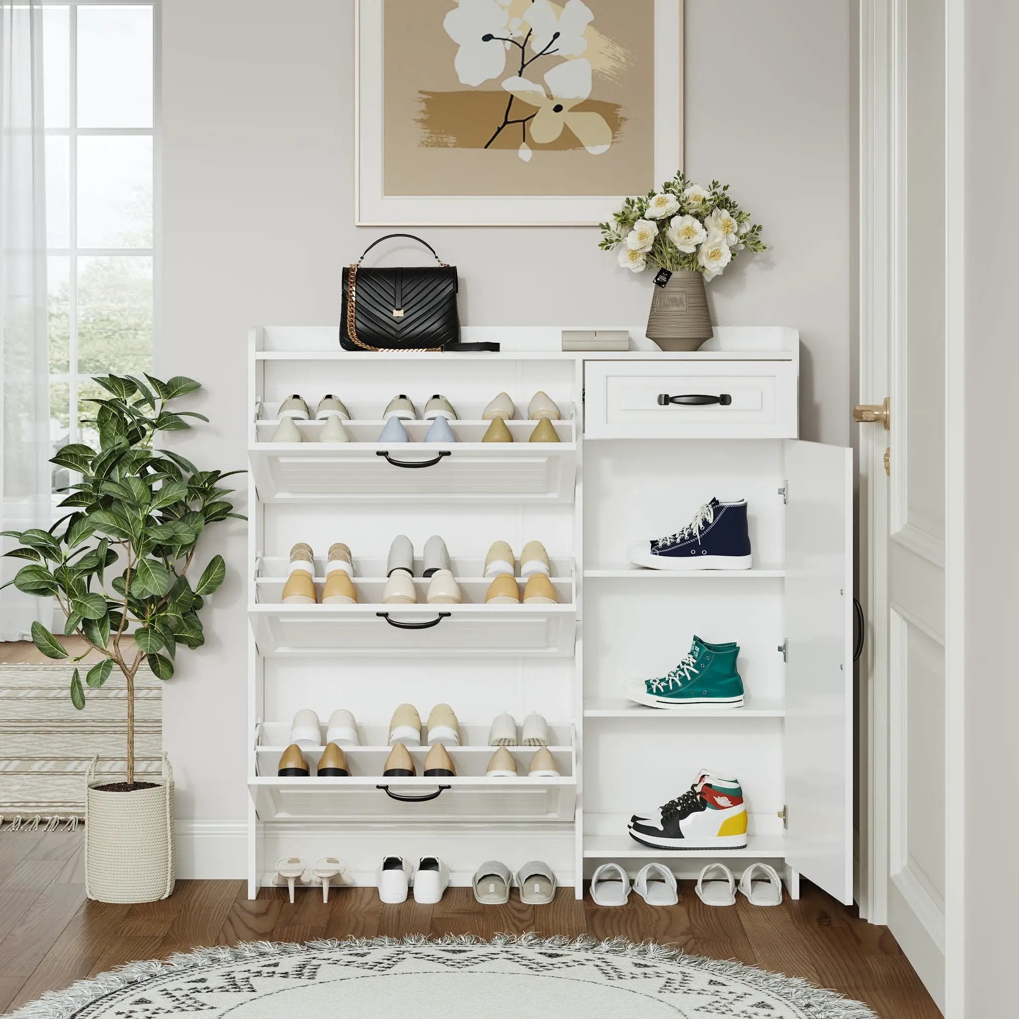 Shoe Cabinet With 4 Doors 1 Drawers, PVC Door With Shape, Large Space For Storage - White by HouseOfZazla