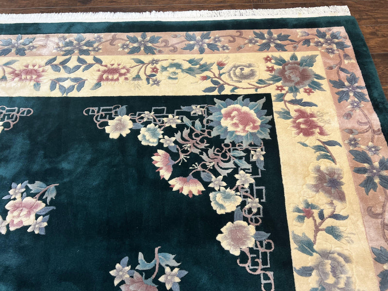 Chinese Art Deco Rug 9x12, Wool Hand Knotted Vintage Carpet, Dark Green & Cream, 90 Line Carving Rug by Jewel Rugs