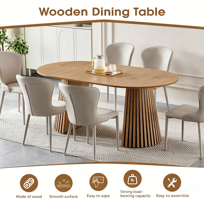 Dining Table, Flexible Extendable Oval Design With Slatted Legs - Natural Wood by HouseOfZazla