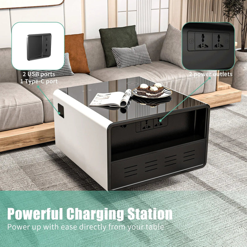 Modern Smart Side Table With Built-In Fridge, Wireless Charging, Temperature Control, Power Socket, USB Ports, Outlet Protection, Induction Light by Unique Piece Furniture
