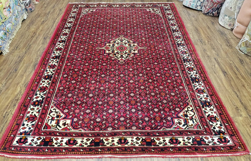 Vintage Persian Hamedan Rug 7x10, Angelas Mahi Pattern, Red, Wool, Hand-Knotted by Jewel Rugs