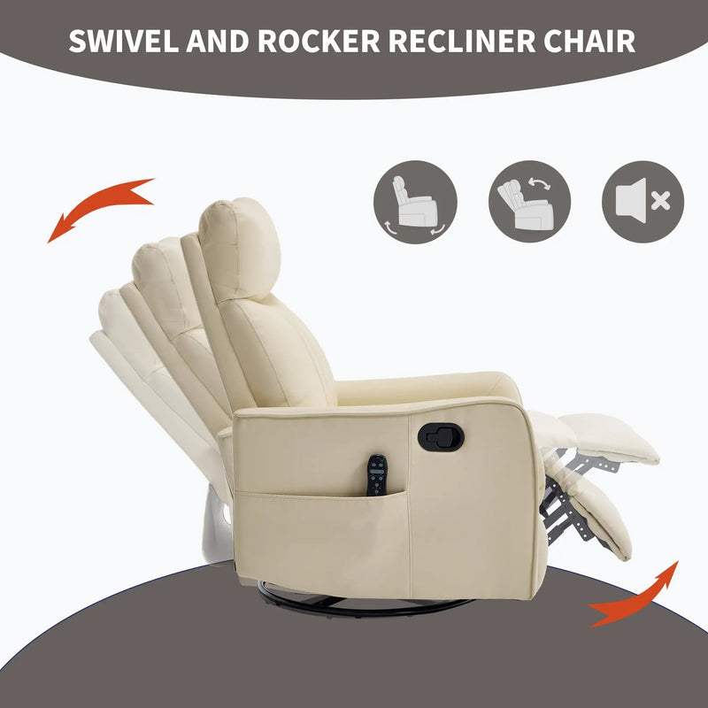 Beige Heat Massage Manual Recliner Chair with Rocker and Swivel by HouseOfZazla