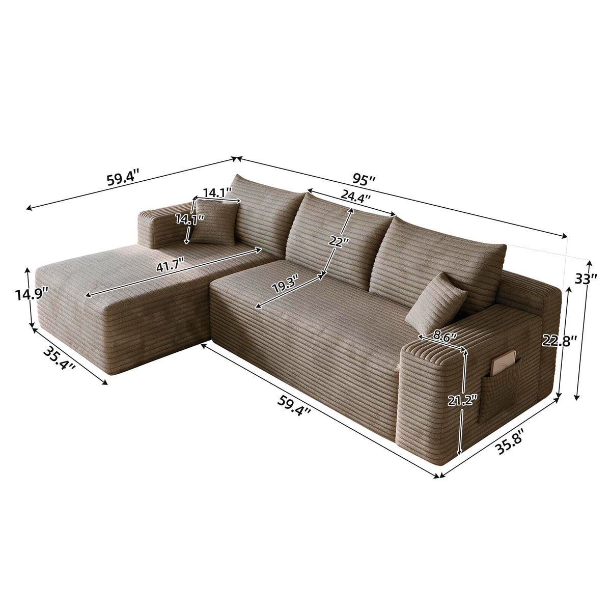 Cloud Sectional Sofa with No Assembly Required - Camel Plush Corduroy, 96", photo 6 of 9