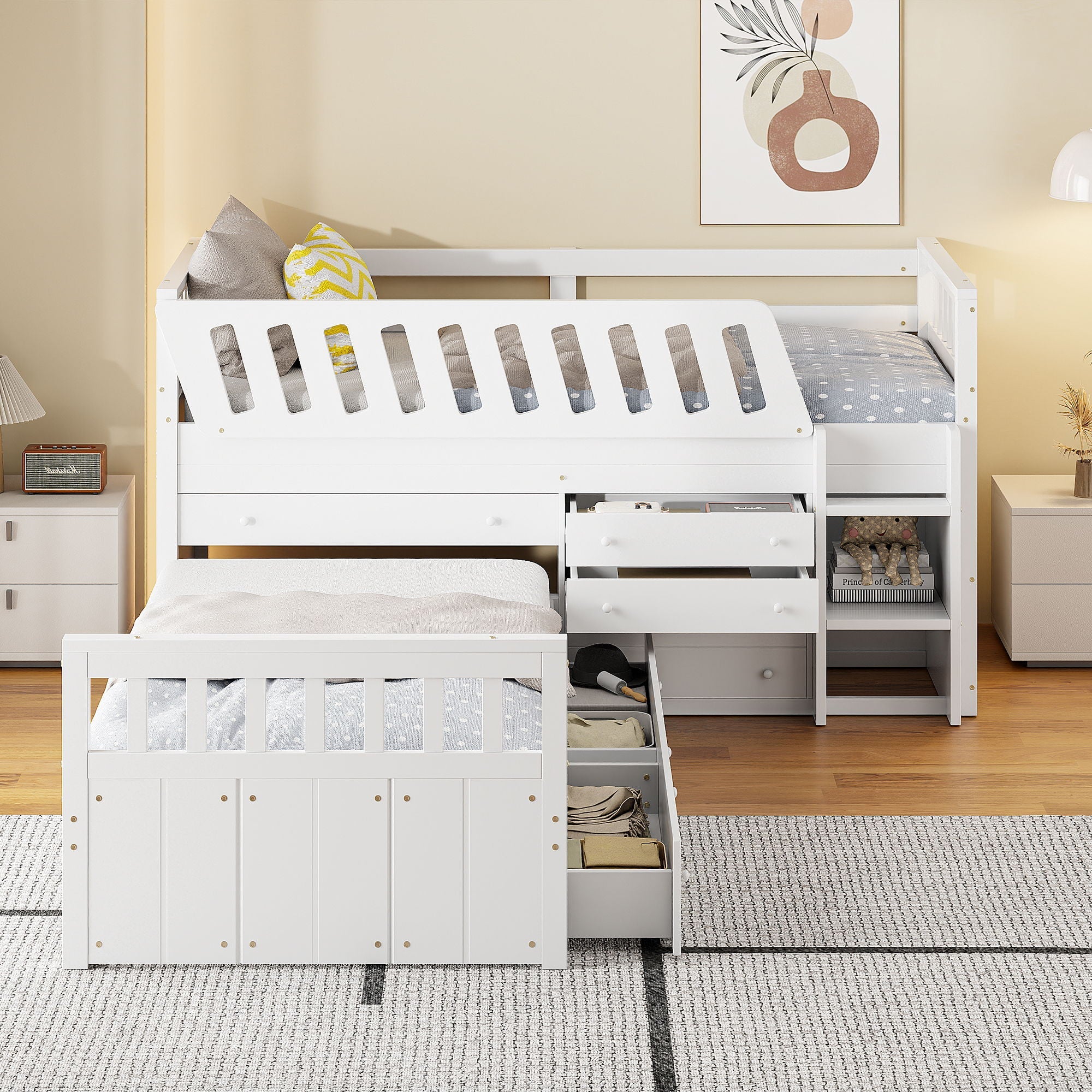 Loft Platform Bed With 7 Drawers And Full Guardrails, Modern L Shaped Space Savin by HouseOfZazla