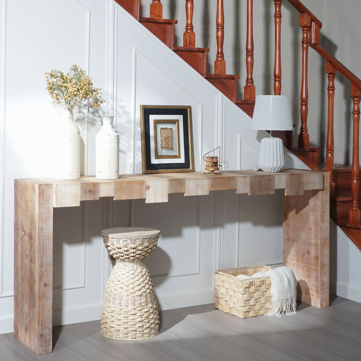 Modern Rustic Console Table with Sculpted Block Design - Light Brown, photo 24 of 29