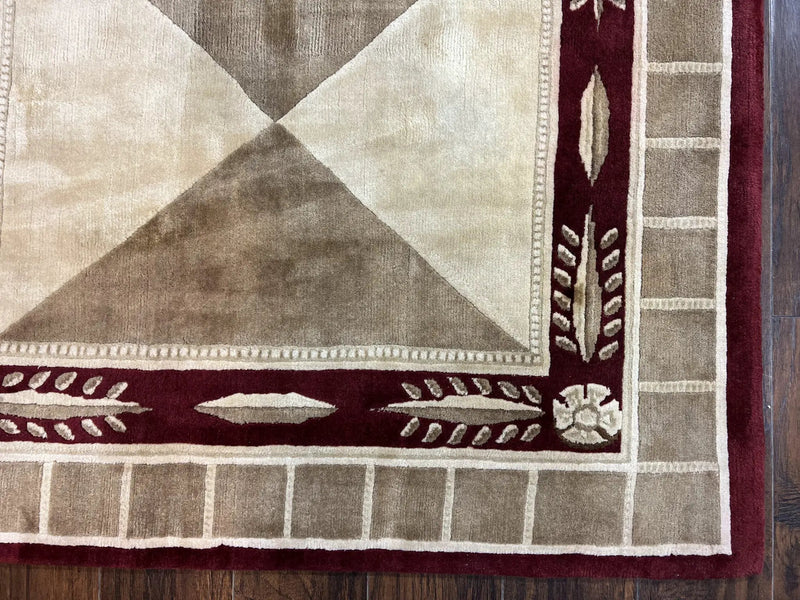 Indo Tibetan Rug 10x14, Nepali Carpet, Large Soft Wool Area Rug, Olive Tan Maroon, Contemporary Rug 10 x 14 ft Living Room Rug, Handmade Rug by Jewel Rugs