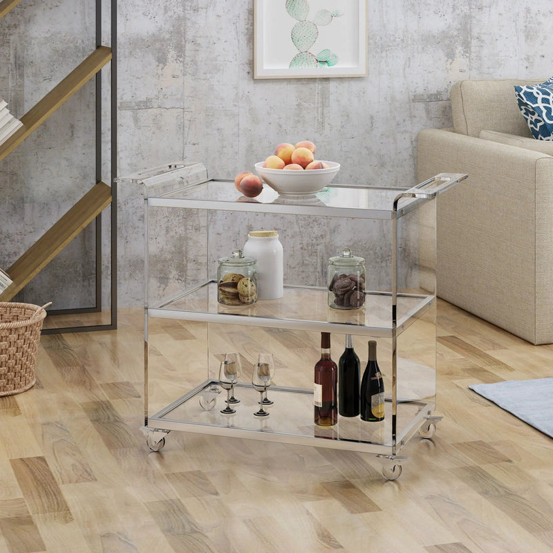 Elegant Acrylic Bar Cart With Tempered Glass Shelves And Rattan Metal Frame - Clear by HouseOfZazla