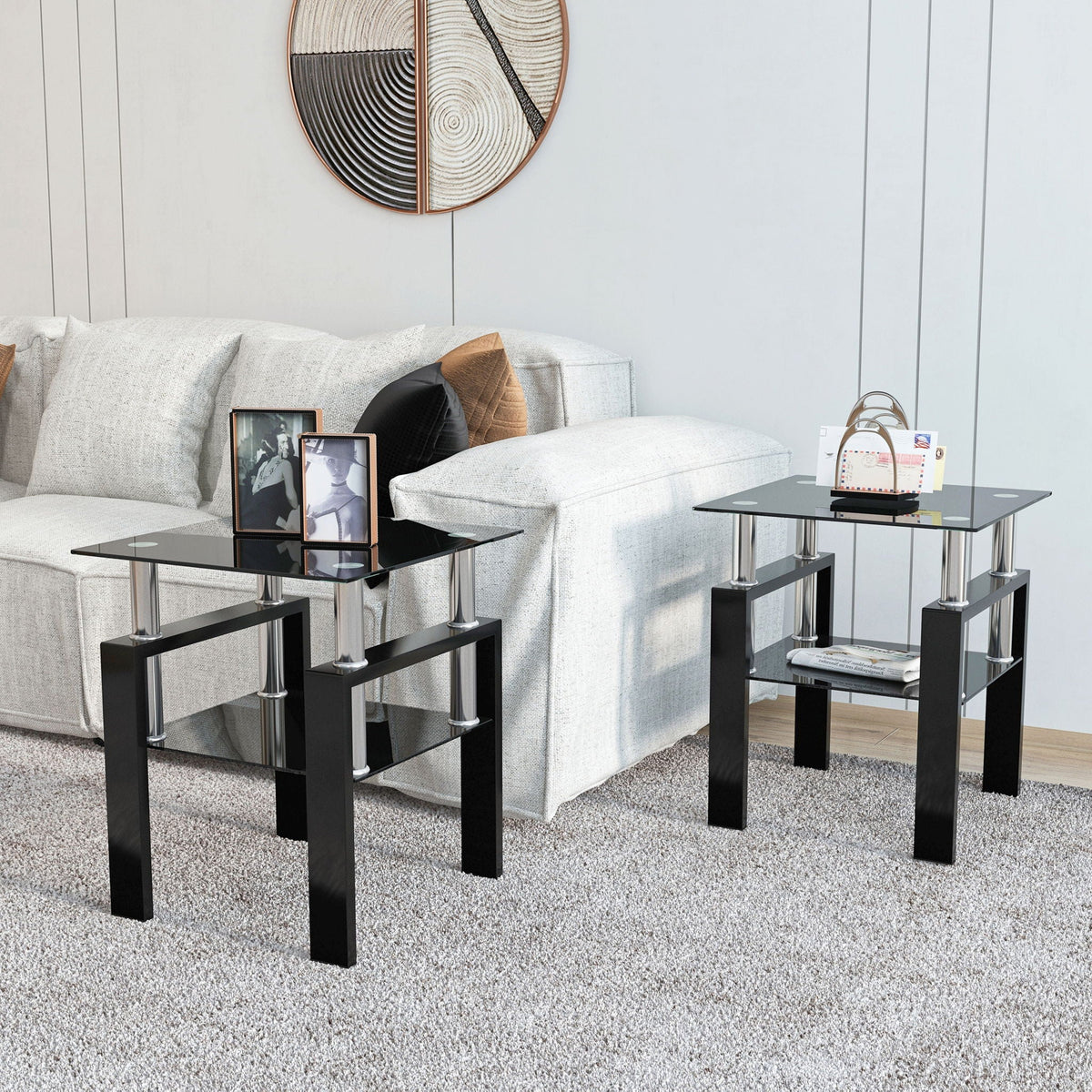 Modern Tempered Glass Tea Table Set with Metal Frame – Black, photo 3 of 4