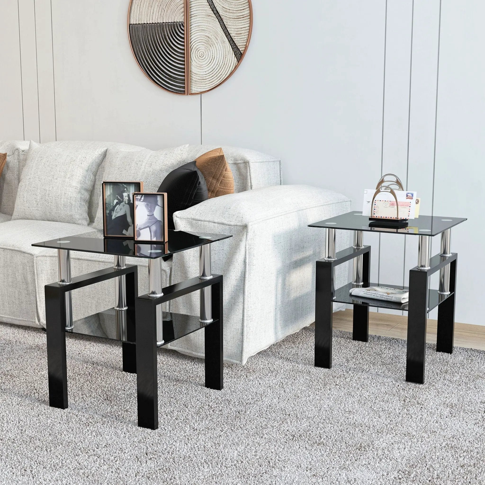 Modern Tempered Glass Tea Table, End Square Table For Living Room (Set of 2) - Black by HouseOfZazla