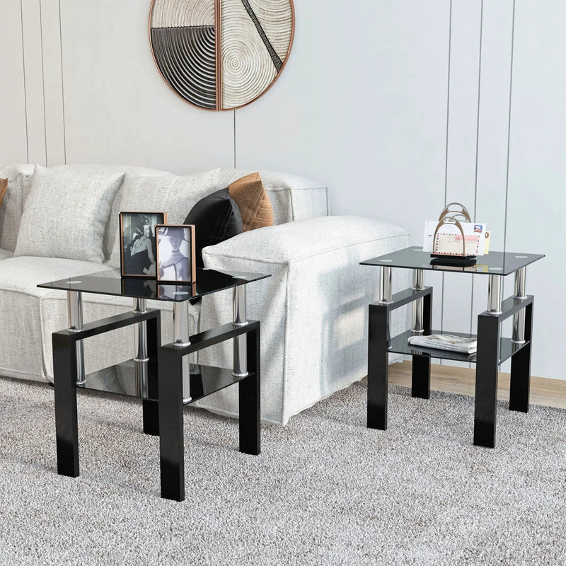 Modern Tempered Glass Tea Table, End Square Table For Living Room (Set of 2) - Black by HouseOfZazla