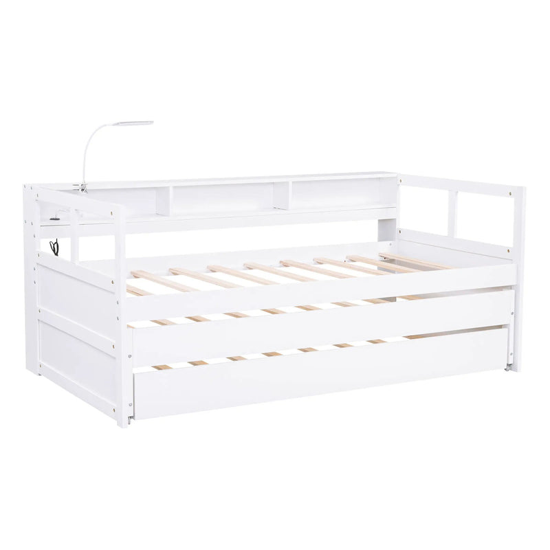 Daybed With 2 Trundles, 3 Storage Cubbies, Built In USB Charging Light by HouseOfZazla