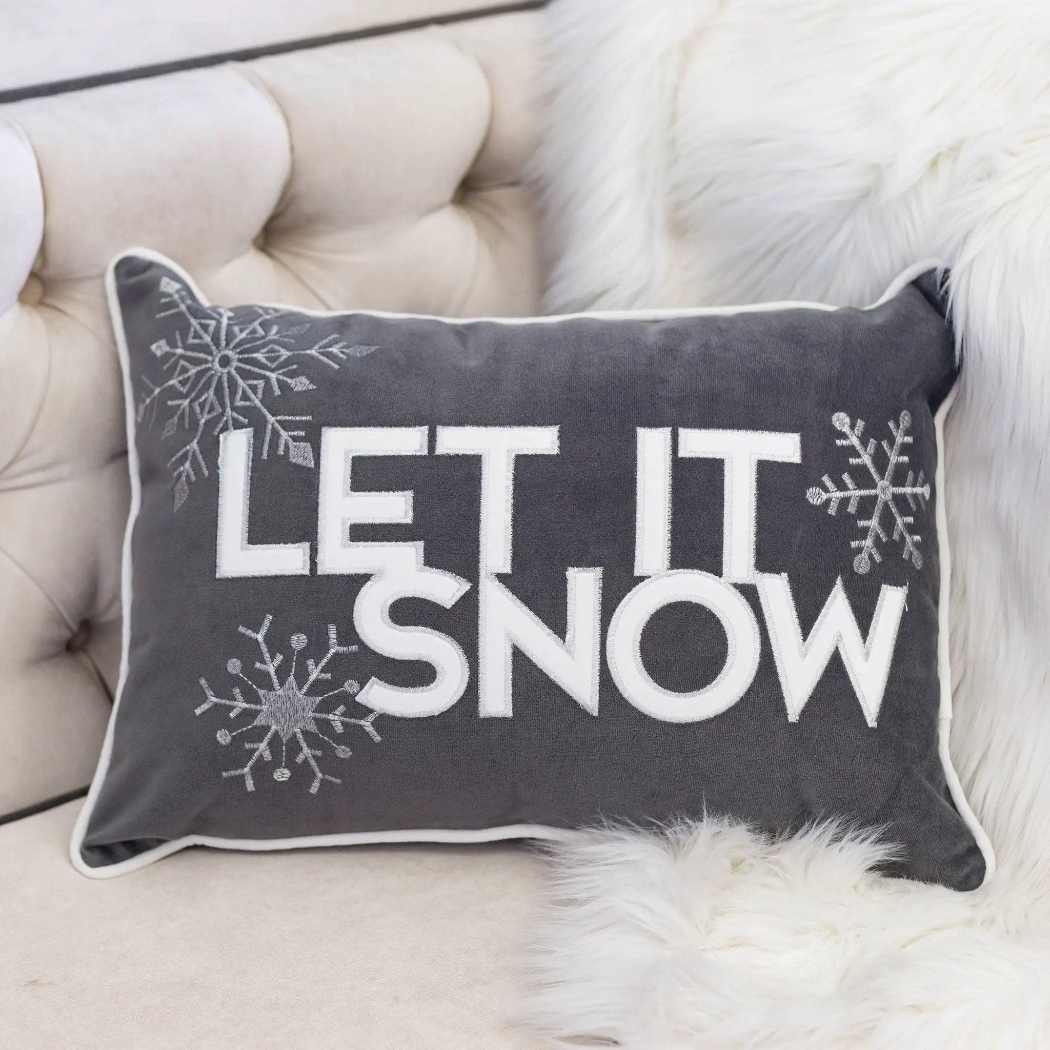 Nneka Let It Snow Gray Velvet Lumbar Pillow with Insert 14x20 by HouseOfZazla
