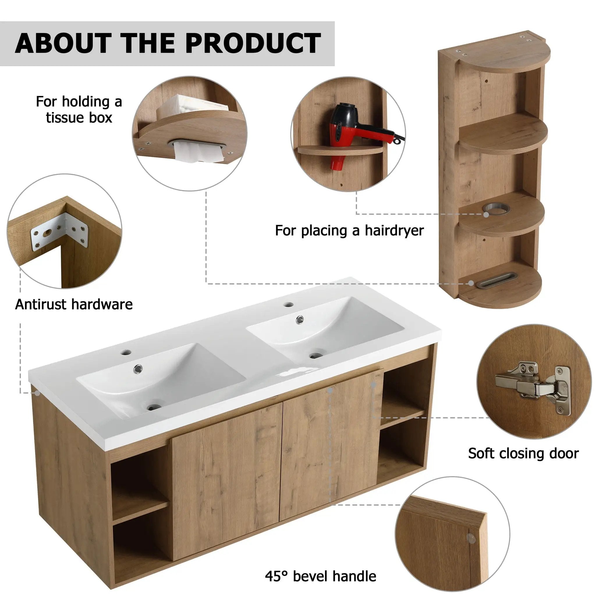 Modern 48" Wall Mounted Bathroom Vanity With Double Resin Sink And Storage Rack Soft Close Doors - Imitative Oak by HouseOfZazla