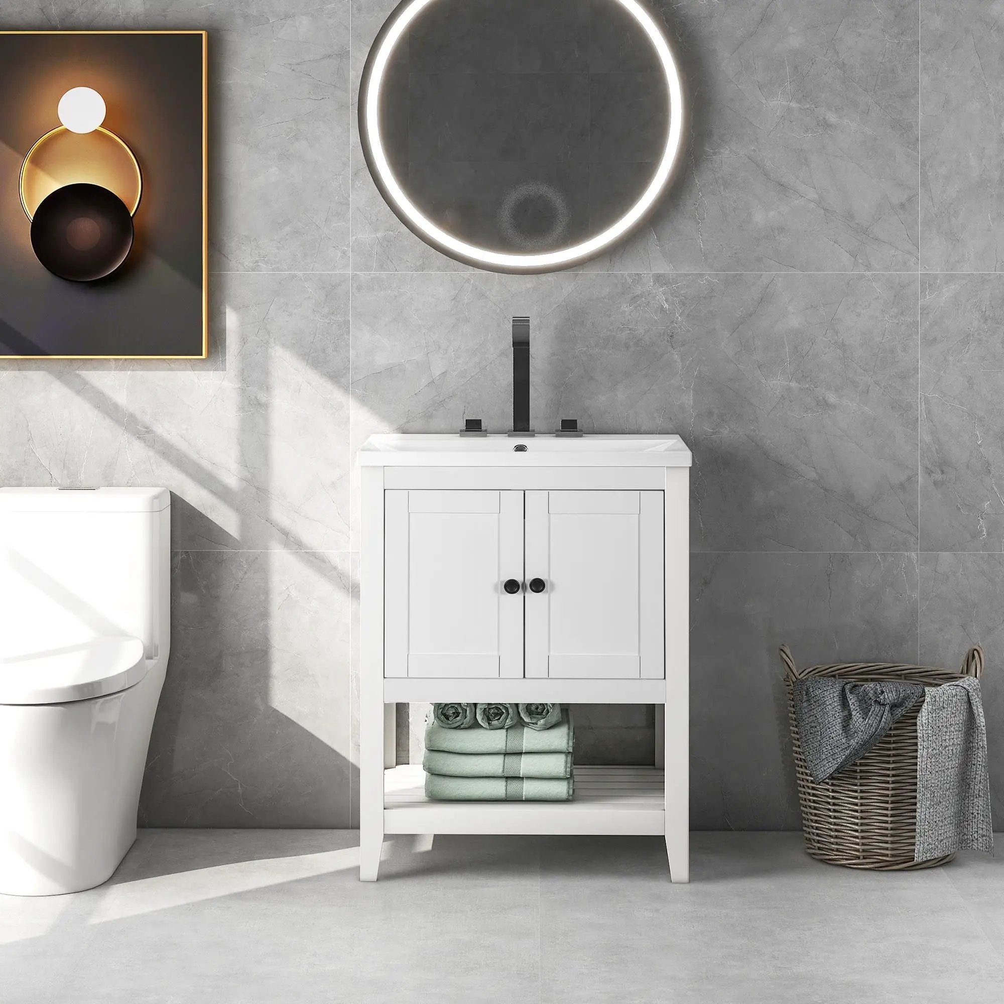 Modern Sleek Bathroom Vanity Elegant Ceramic Sink With Solid Wood Frame Open Style Shelf - White by Unique Piece Furniture