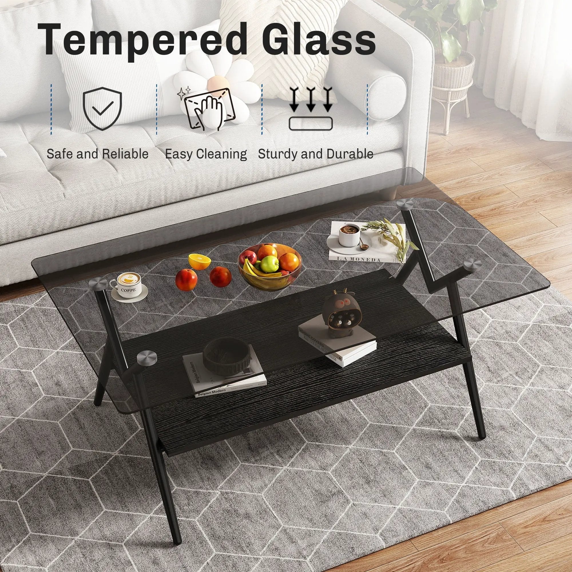 Rectangle Coffee Table With Tempered Glass Top And Shelf, Modern Table For Living Room by HouseOfZazla
