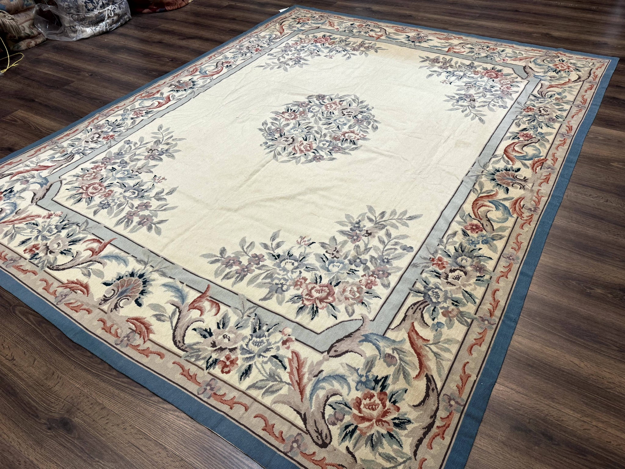 Ivory Needlepoint Rug 8x10, Wool Handmade Carpet by Jewel Rugs