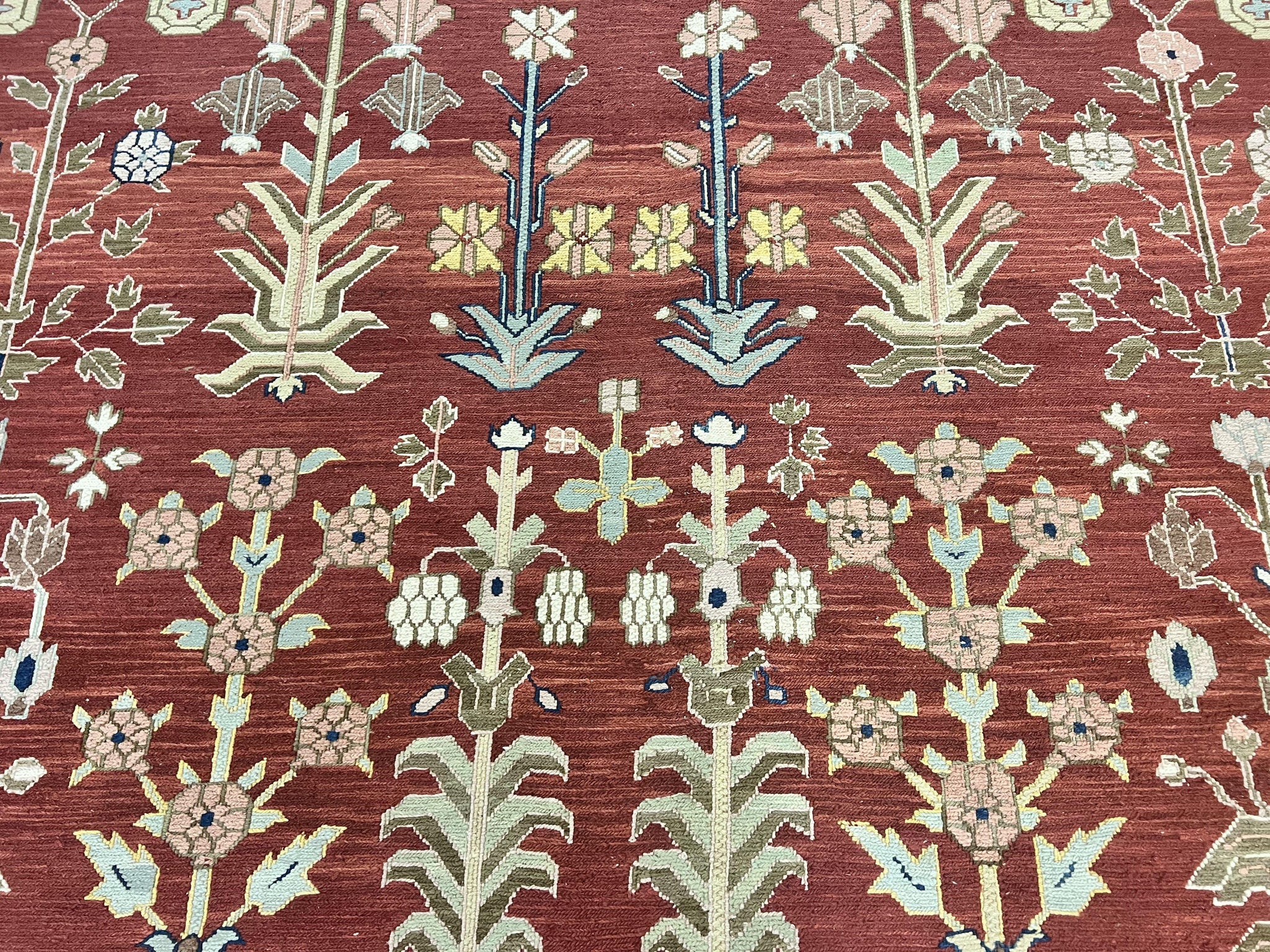 Indian Rug 10x14, Wool Hand Knotted Flatweave Carpet, Tree of Life, Red and Green by Jewel Rugs