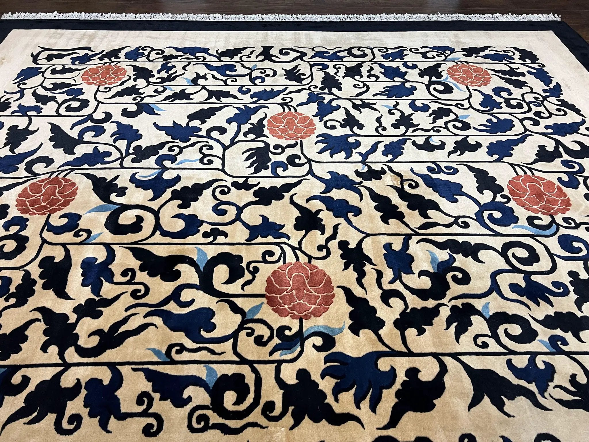 Antique Chinese Peking Rug 10x14, Beige Black, Handmade Wool Art Deco Carpet by Jewel Rugs