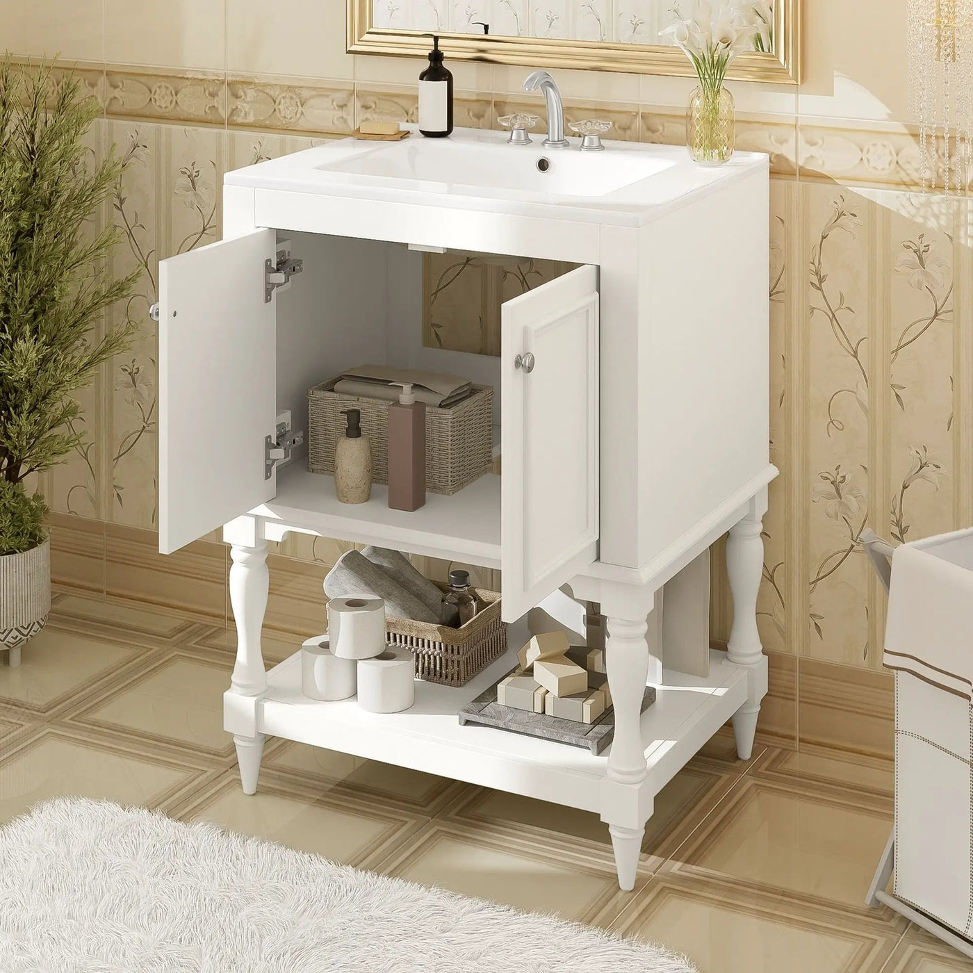 Modern Bathroom Vanity With Sink, Rectangular Cabinet With Open Shelf And Closed Storage by HouseOfZazla