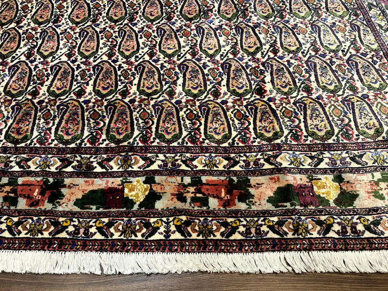 Persian Kurdish Rug 8x11, Repeated Allover Boteh Paisley Design, Bird Pictorials, Rare Antique Sannadaji Carpet by Jewel Rugs