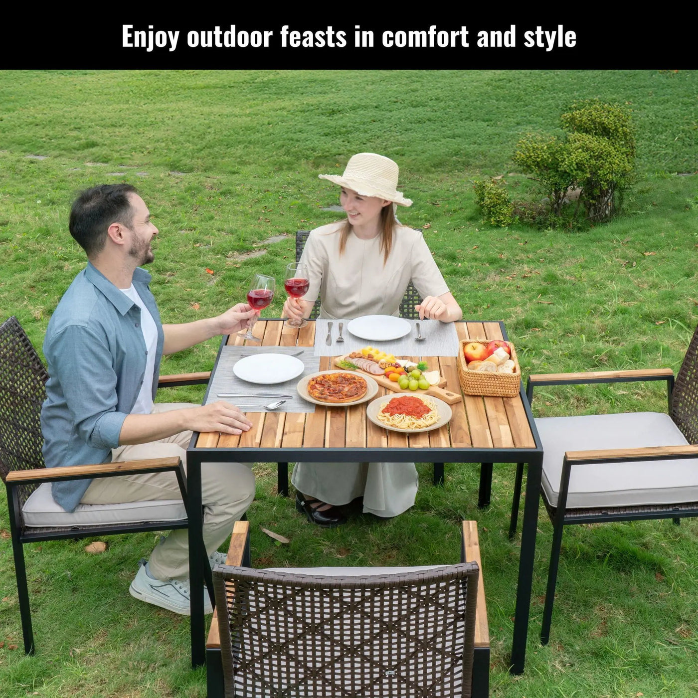 5 Piece Patio Dining Table Set, Acacia Wood Table Top With Umbrella Hole by HouseOfZazla