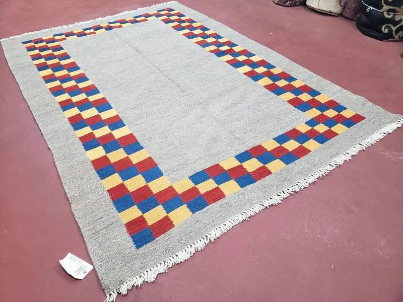 New Turkish Kilim Area Rug, Gray Carpet With Colorful Checker Border, 5'6" x 8", Flatweave Carpet, Playroom Rug, Kids Room Rug, Hand-Knotted by Jewel Rugs