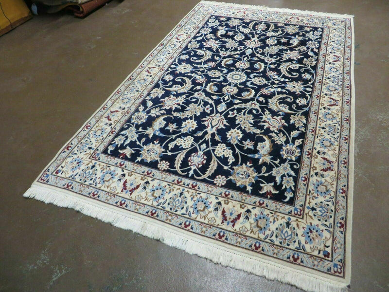 Persian Nain Rug 4x7, Navy Blue and Ivory, Handmade, Wool & Silk Highlights, Fine Oriental Rug, Vintage by Jewel Rugs