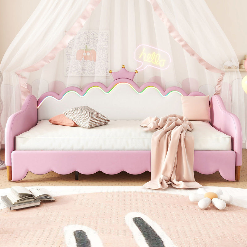 Extending Daybed With LED Lights, Modern Upholstered Princess Daybed With Crown Headboard by HouseOfZazla