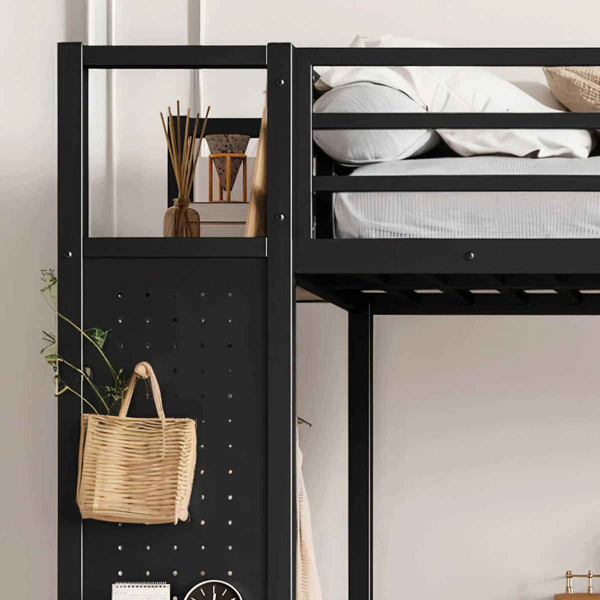 Twin XL Over Twin XL Metal Bunk Bed with Storage Shelves by HouseOfZazla