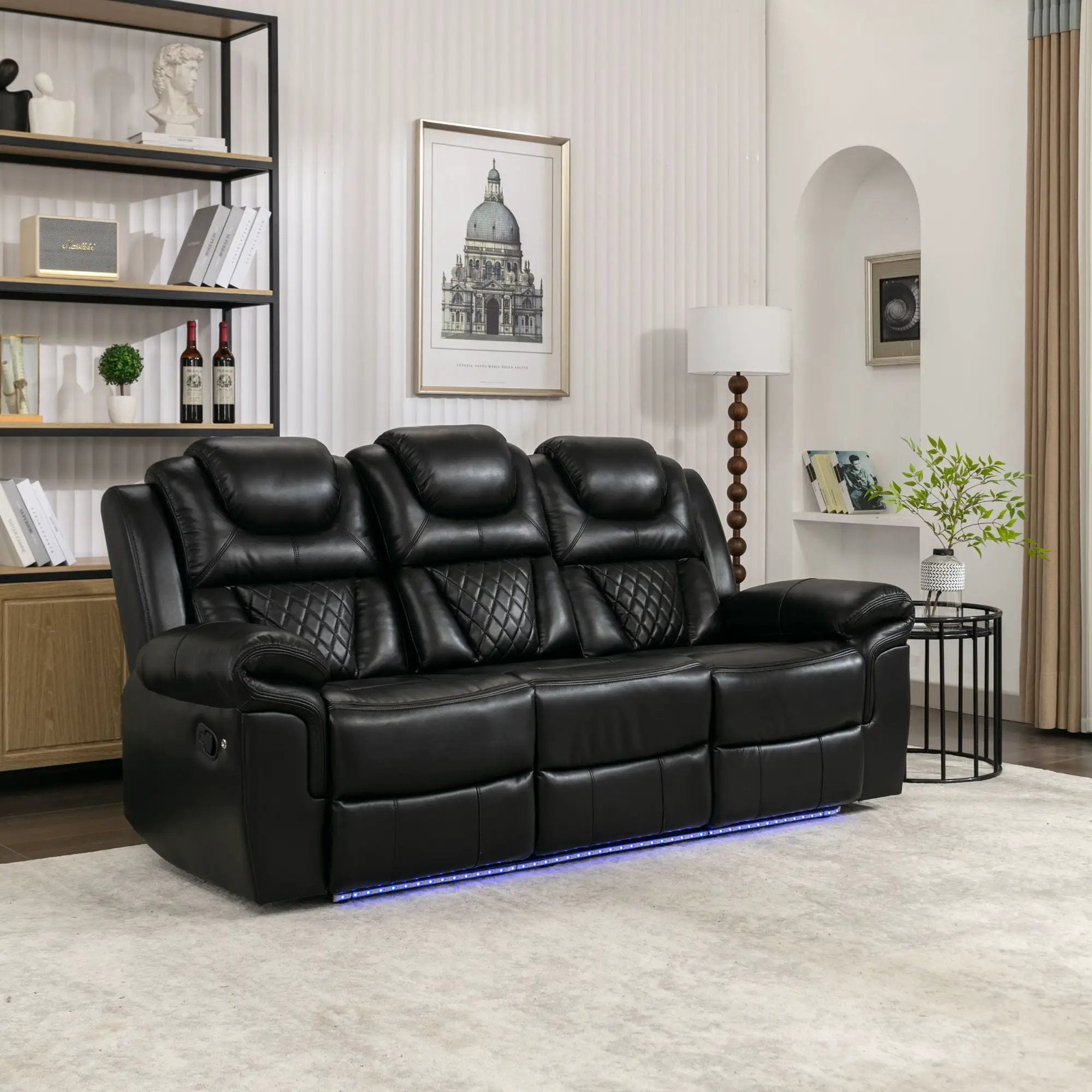 Home Theater Seating Manual Recliner Chair With Center Console And Led Light Strip For Living Room by Unique Piece Furniture