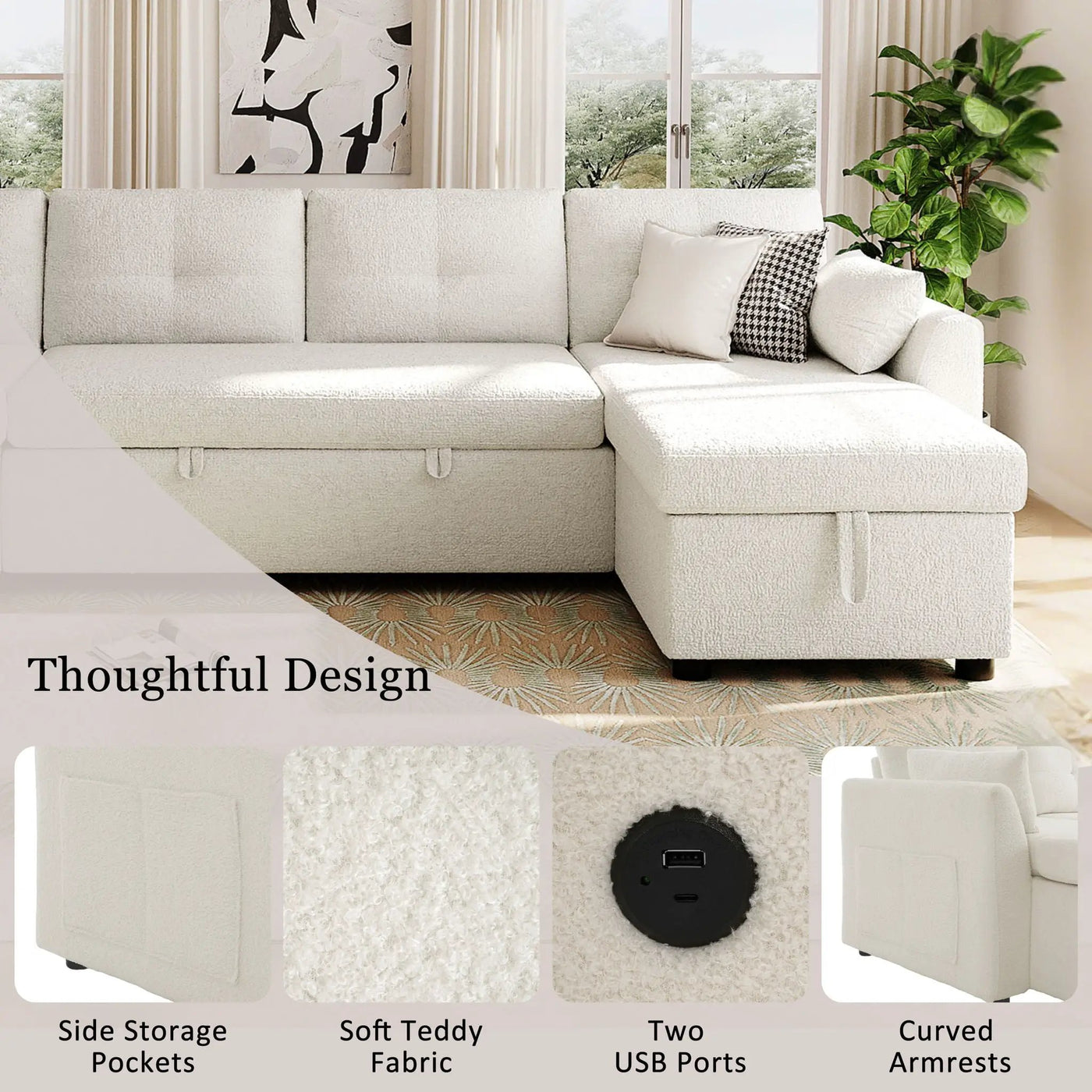 U-Shaped Sectional Sofa Bed With Storage And USB Ports by Unique Piece Furniture