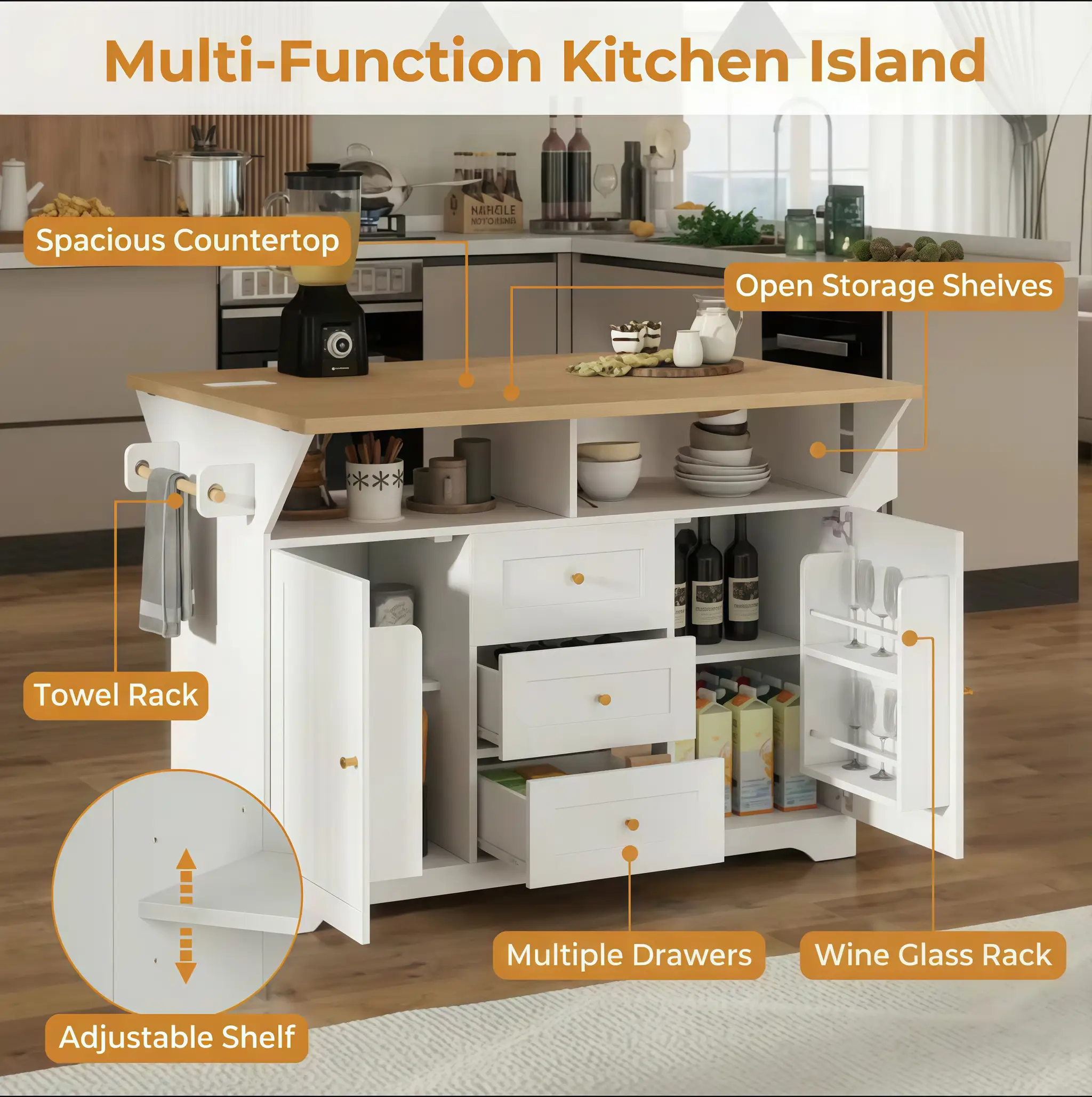 Large Kitchen Island with 2 Drop Leaf and Power Outlet by HouseOfZazla