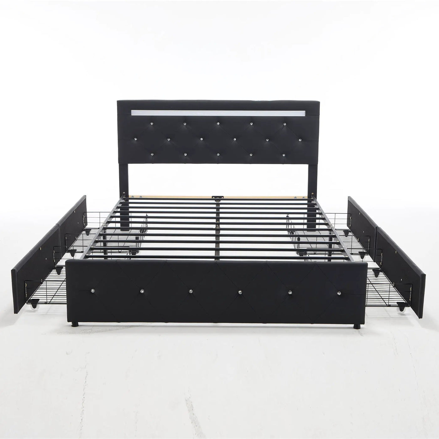 Upholstered Bed Frame With LED Lights, 4 Storage Drawers, Charging Station by HouseOfZazla