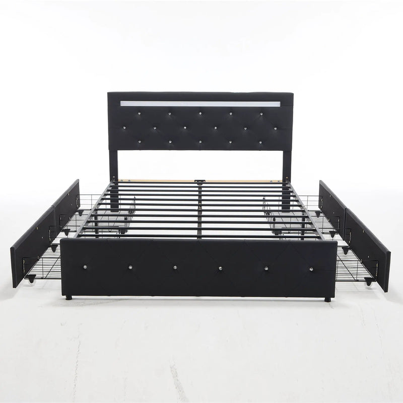Upholstered Bed Frame With LED Lights, 4 Storage Drawers, Charging Station by HouseOfZazla