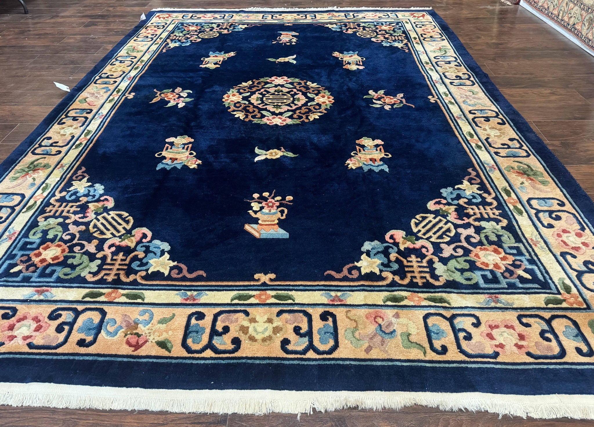 Chinese Wool Rug 8x11, Navy Blue and Beige, Simple Design, Fete Carpet by Jewel Rugs