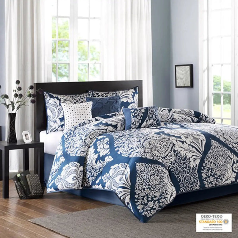 7 Piece Cotton Printed Comforter Set Indigo King by HouseOfZazla