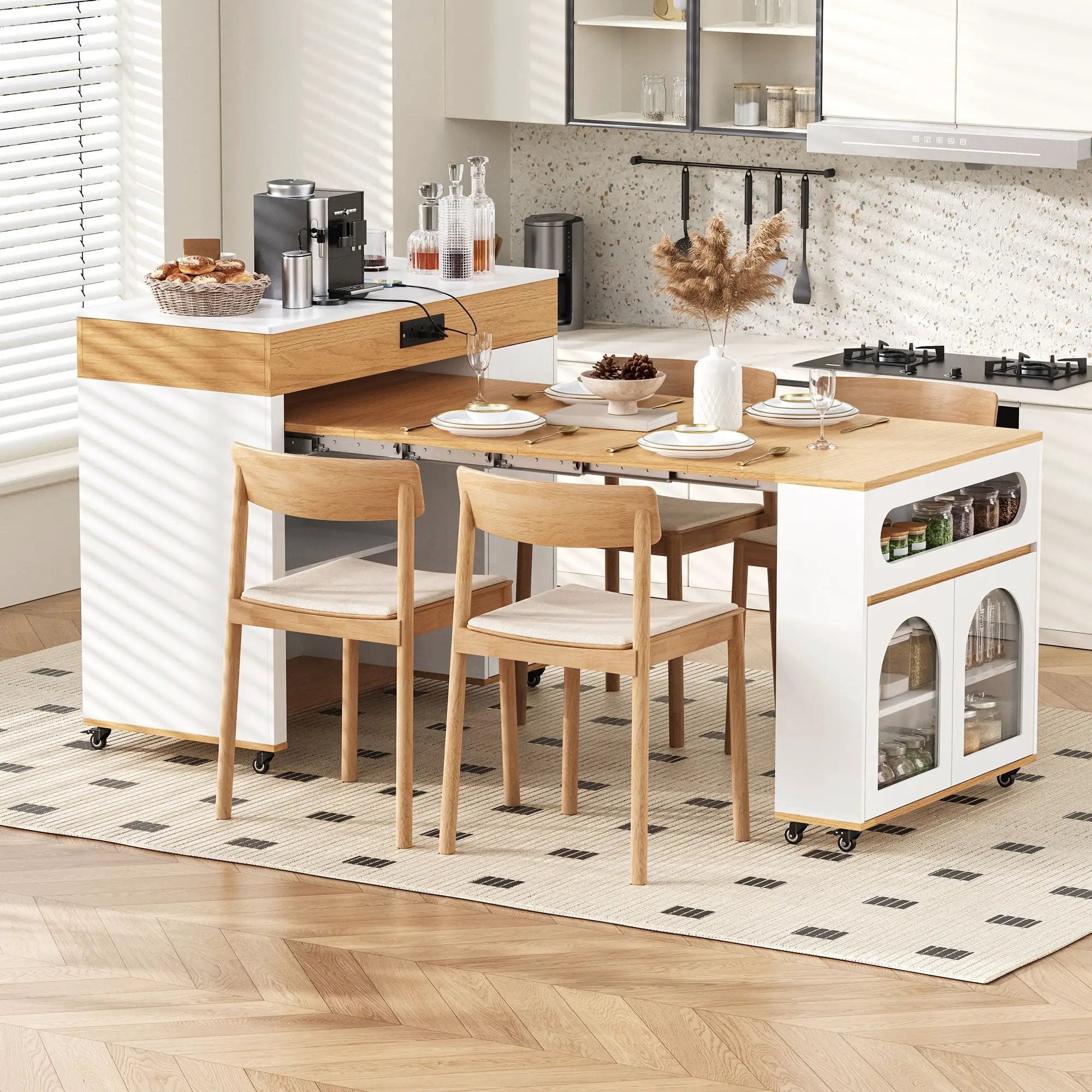 Extendable Dining Table With Folding Top, Rolling Kitchen Island With Drawers And Power Outlet