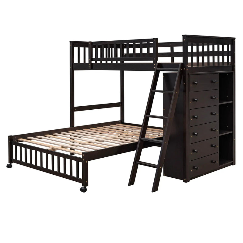 Bunk Bed With 6 Drawers And Flexible Shelves, Bottom Bed With Wheels by Unique Piece Furniture
