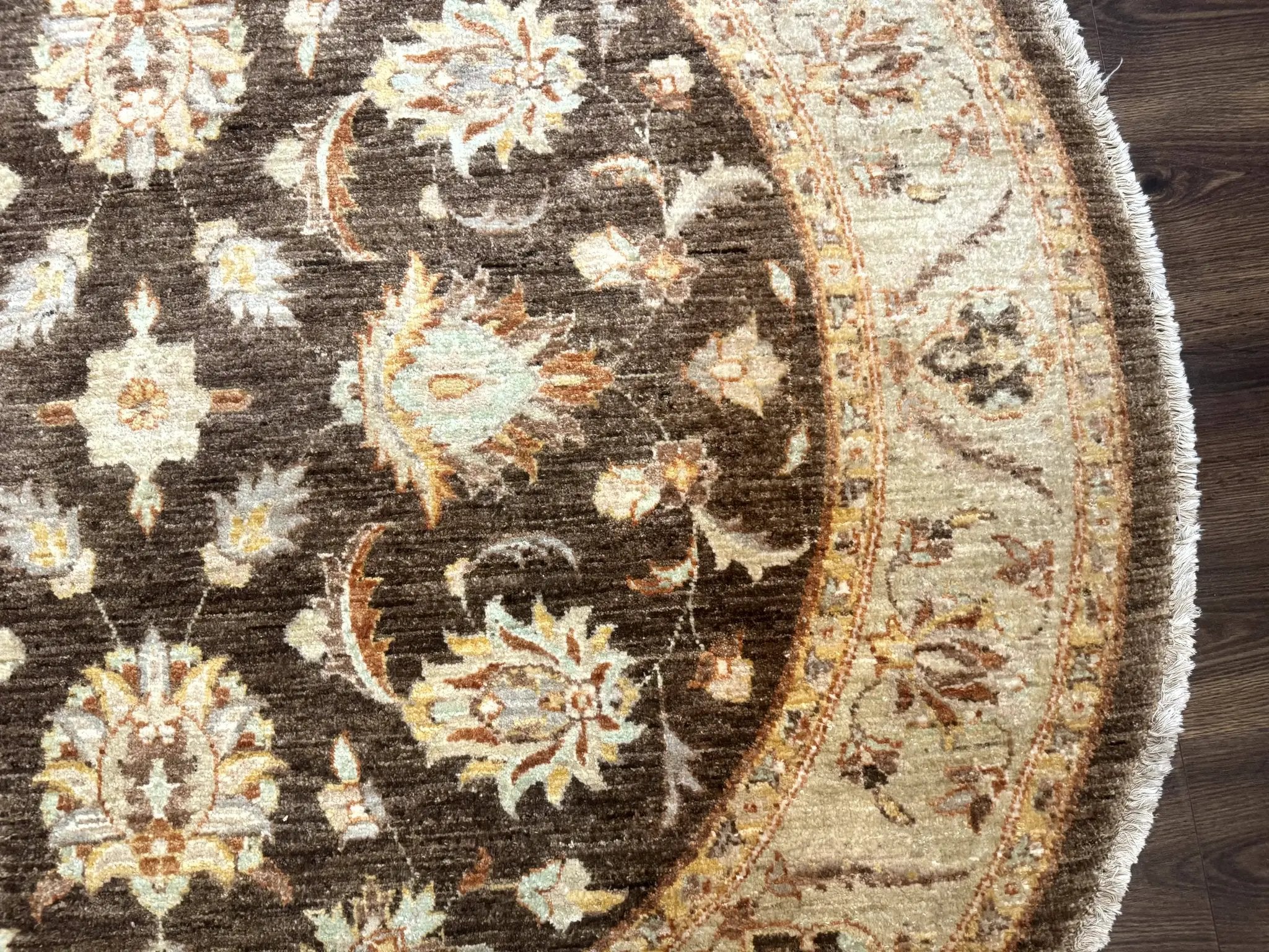 Round Pakistani Rug 6x6, Brown and Beige, Floral, Peshawar Rug, Traditional by Jewel Rugs