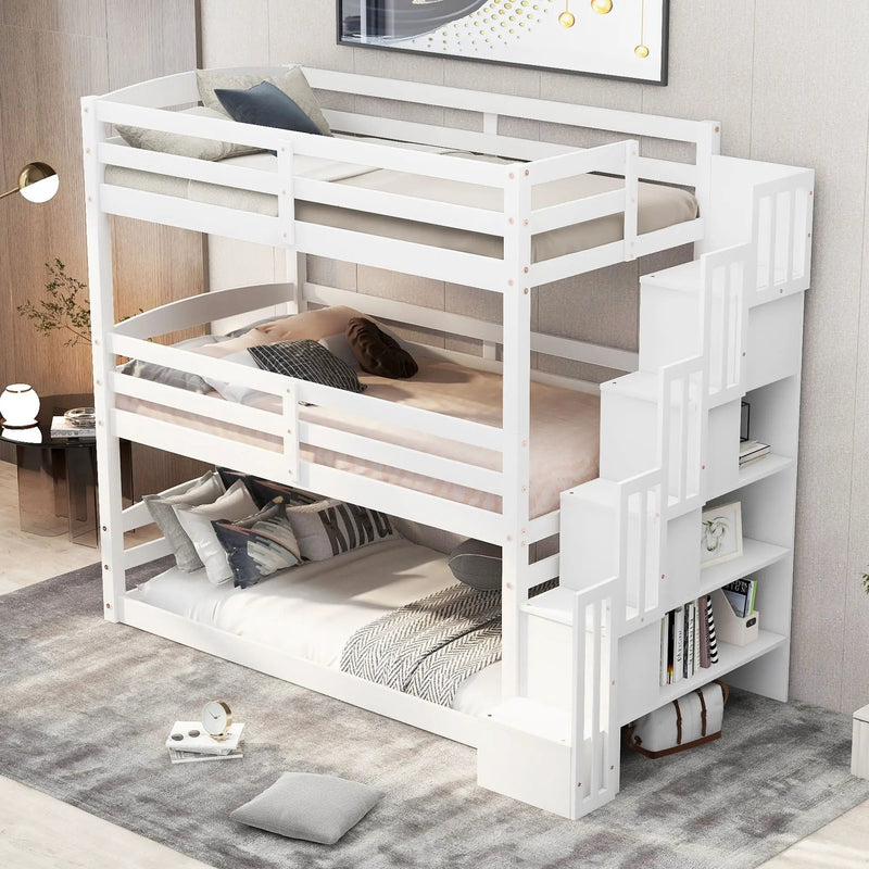 Twin Size Triple Bunk Bed With Storage Staircase, Separate Design - White by HouseOfZazla