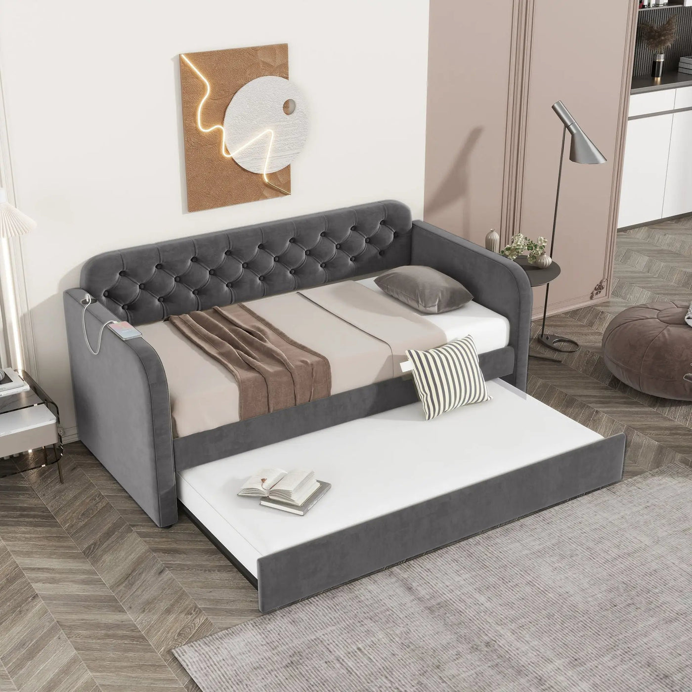 Upholstered Daybed With Trundle And USB Charging Design by HouseOfZazla